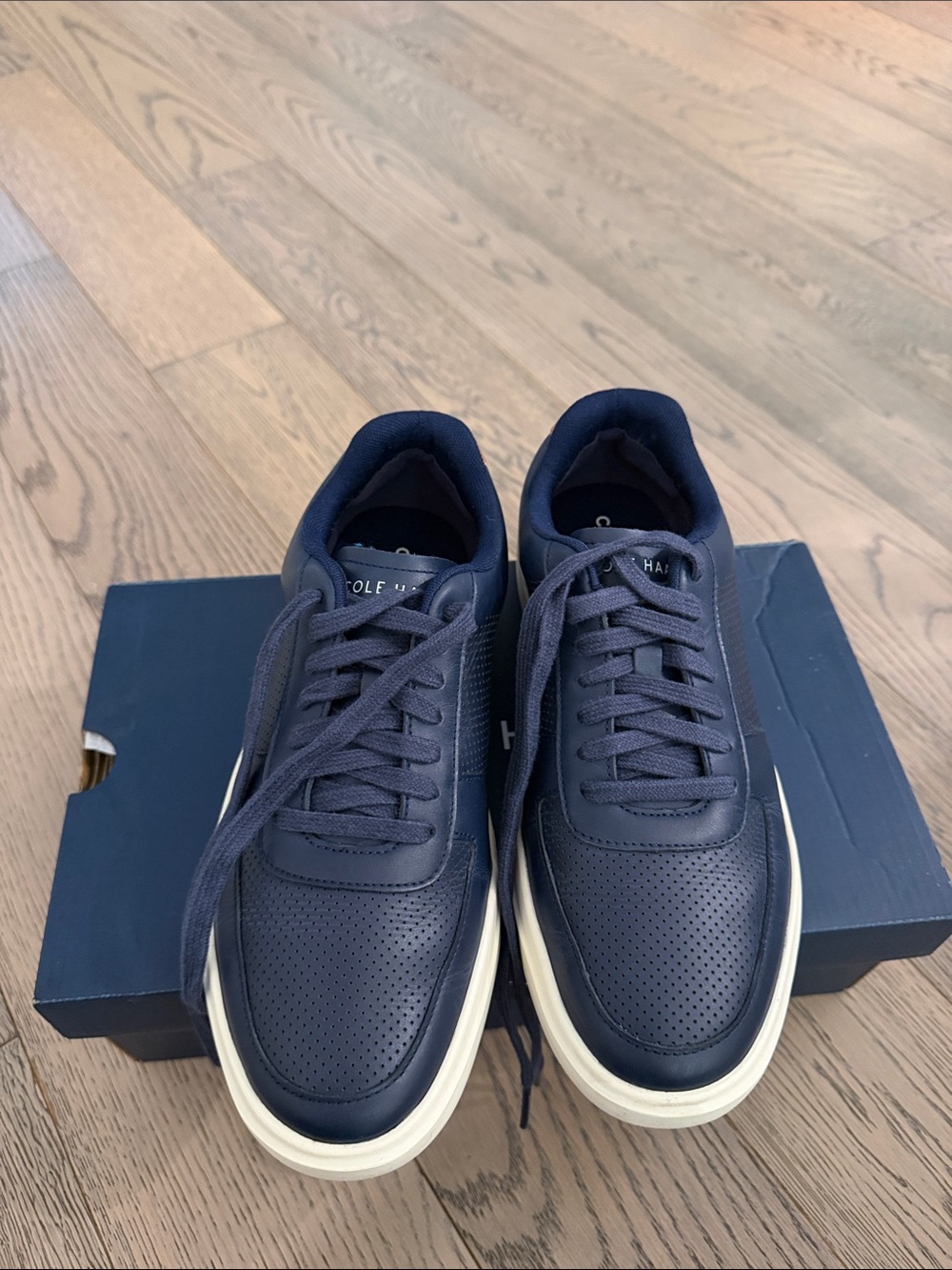 Cole Haan Men’s Navy Perforated Leather Sneakers with White Soles